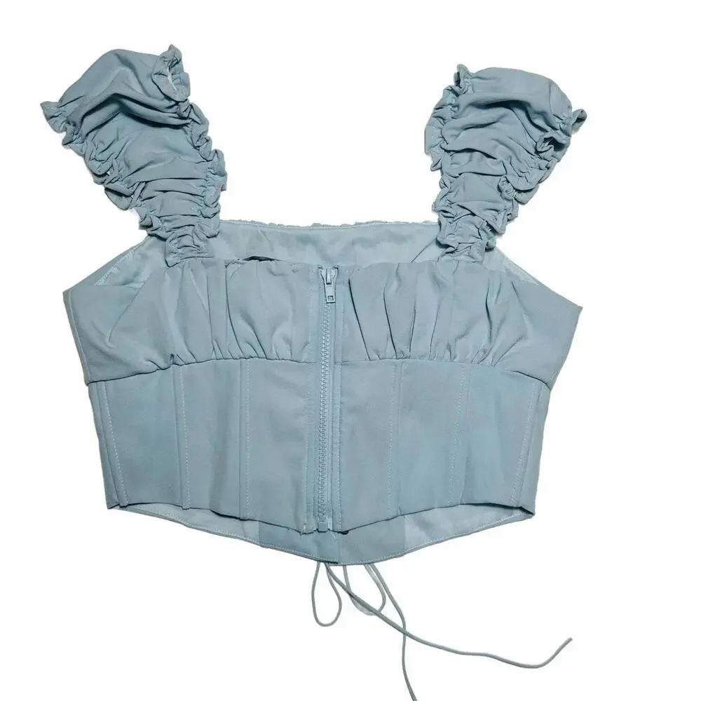 Kendall + Kylie Ruffle Sleeve Corset Top Blue Front Tie Crop Medium #Coquette - Picture 2 of 4